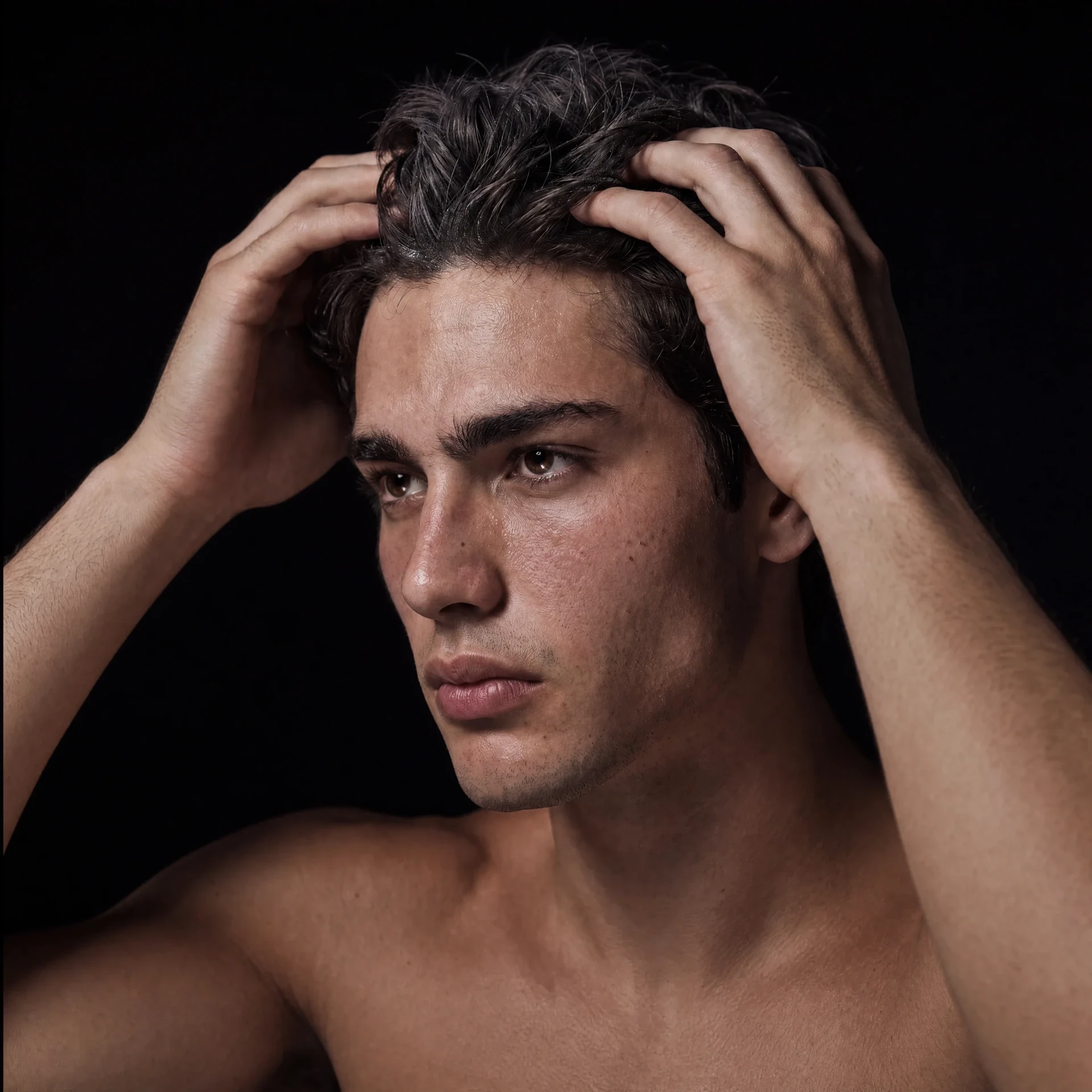 Man working product through his hair