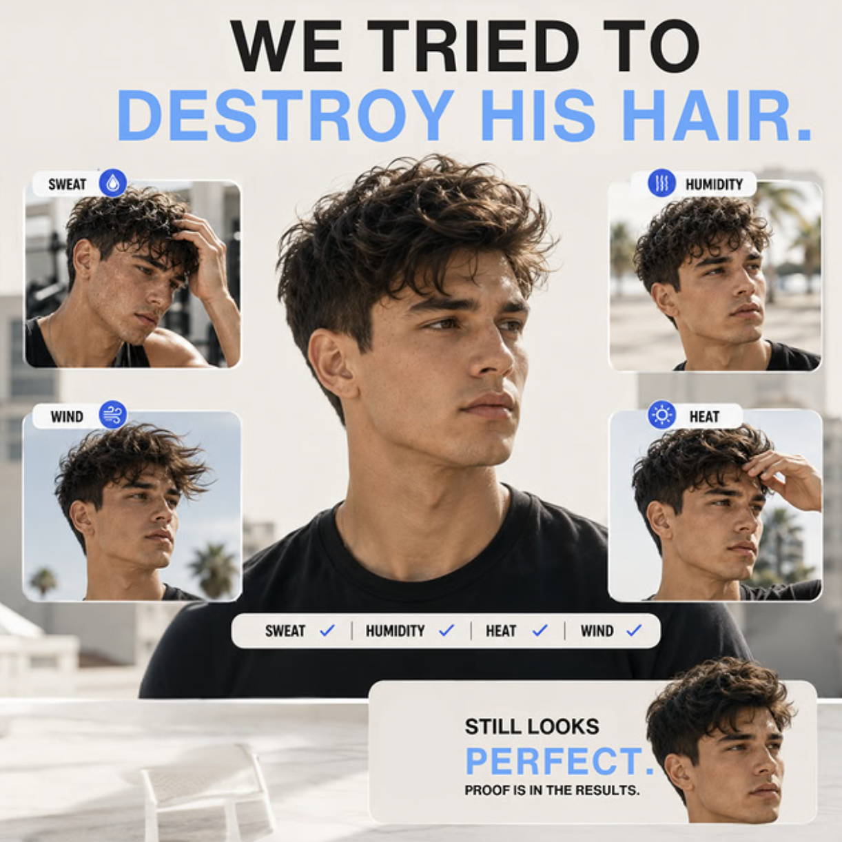 We tried to destroy his hair: sweat, humidity, wind and heat — still looks perfect
